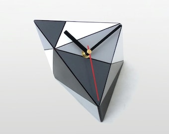 White Grey Black Desk Clock, Wood Table Clock, Black & White, Geometric Black Grey Triangle, Geometric decor, Desktop clock, Gift for friend
