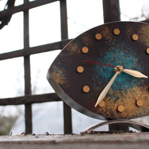 Desk Clock Gold Turquoise Brown colors, Unique Wood Tabletop clock with Shaded Gold Patina, Mothers day gift, image 8