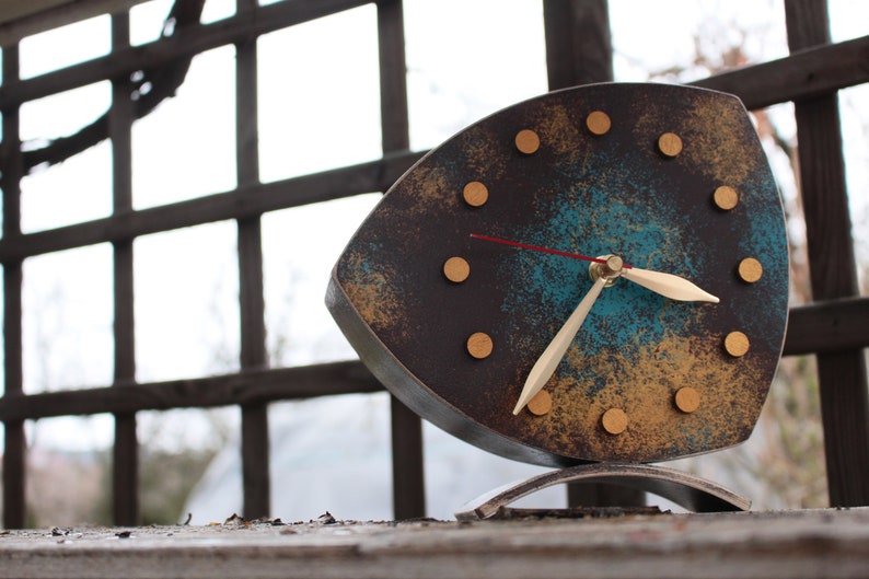 Desk Clock Gold Turquoise Brown colors, Unique Wood Tabletop clock with Shaded Gold Patina, Mothers day gift, image 8