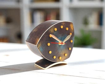 Fuma Wooden Desk Clock Handmade Gold Turquoise Patina Silent