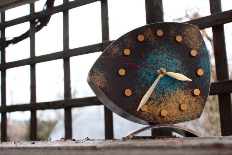 NO TICKING Desk Clock Gold Turquoise Brown colors, Unique Wood Tabletop clock with Shaded Gold color in Vintage style, Mothers day gift image 6