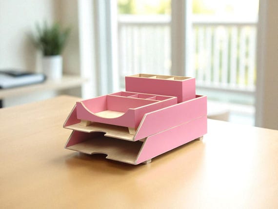 Handmade Pink Wooden Desk Organizer with Stackable Trays
