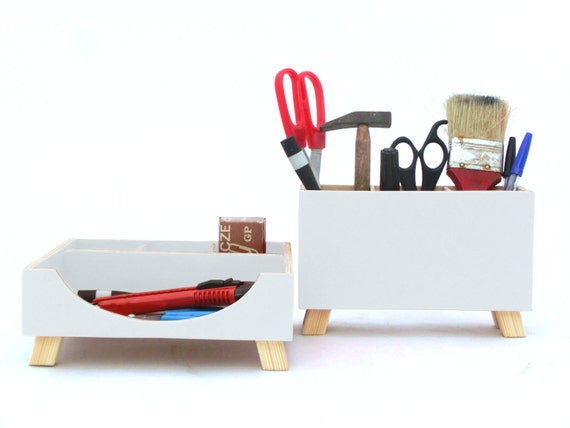 White Wood Desk Organizer Wood Desktop Set Office Desk Etsy