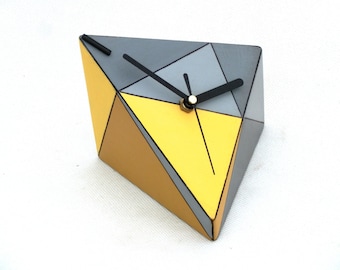 Yellow Desk Clock Spicy, Wood Unique gift, Table clock, Geometric Triangle Yellow Grey for desk, Birthday gift, Wedding decor, Spring trends