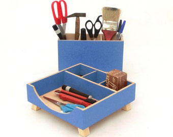 Ink Blue Desk Organizer wood,  Wooden Office box set,  toolbox set,  Blue student desktop, Office command center