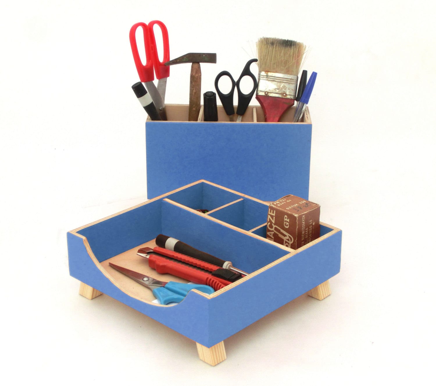 Ink Blue Desk Organizer wood, Wooden Office box set, toolbox set, Blue  student desktop, Office command center