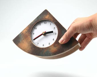 Wooden Table Clock Turquoise Brown Gold, Handmade Unique Design