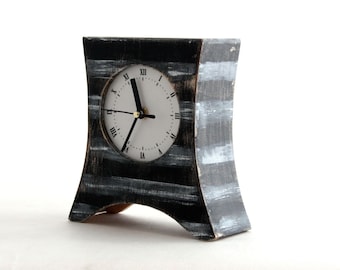 Black White Stripes Mantel clock, NO TICKING tabletop Wood Clock, Distressed Rustic Mantle decor, Office desk, Birtday gift