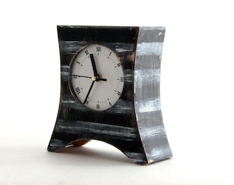 Black White Stripes Mantel clock, NO TICKING tabletop Wood Clock, Distressed Rustic Mantle decor, Office desk, Christmas gift, Black Friday