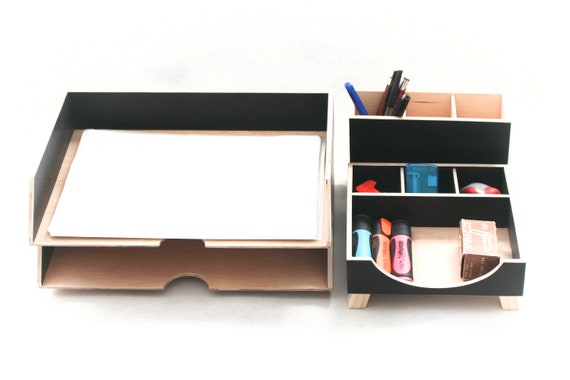 Black Wood Desk Organizer by Artma Studio, Desk Accessories, Black Office  decor, Pen holder, Paper sorter tray, Home office set, Unique