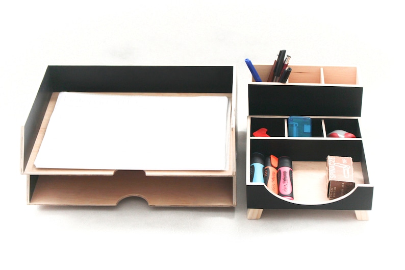 Desk Organizer Black Wood Office by Artma Studio, Plywood Office Desk set, Paper tray desk, Home Office Mail sorter Pen Holder, Remote work image 2