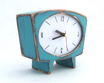 Turquoise Wooden Desk Clock, Wooden Standing Clock, Vintage Style, Back To School, Tabletop Clock Turquoise, Gift for Mom