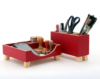 Red Desk Wood Organizer Set - Student Desk Upgrade - Pen holder for kids, Office desk organizer