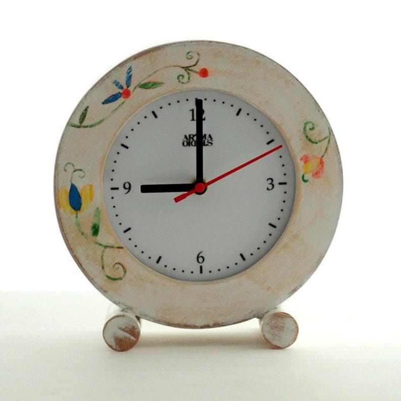 NO TICKING White Desk clock circle, SILENT/ Quiet Folk Art Table Wood Clock, Flowers ornament, Spring decor, Wedding gift, Desk decor clock image 2