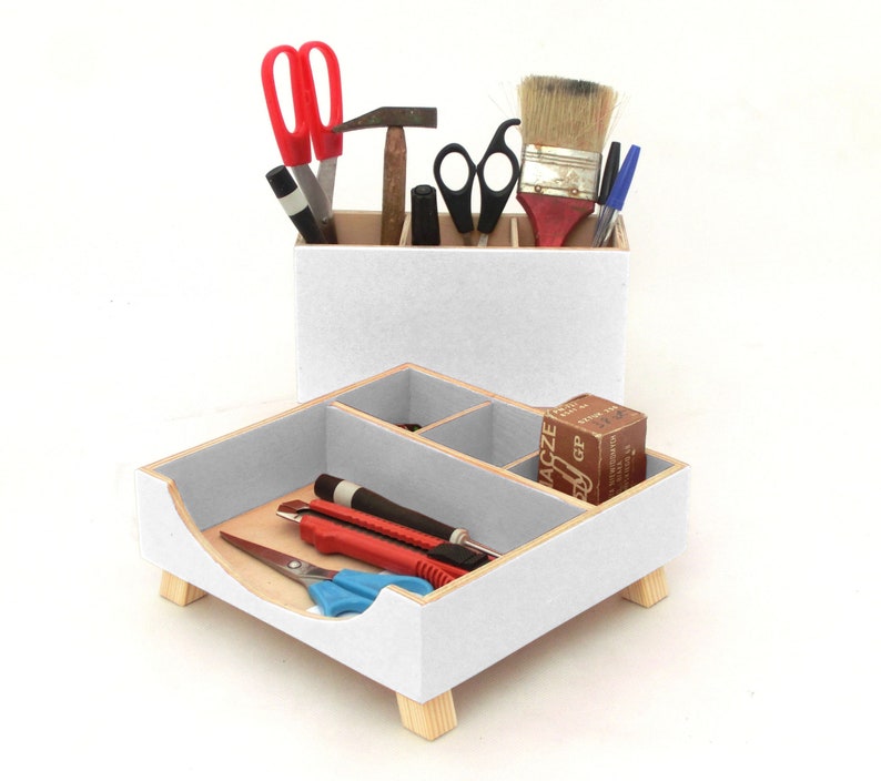 White Wood Desk Organizer Set Pen Holder, Paper Sorter, Toolbox Office & Student Desktop Handmade Gift image 6