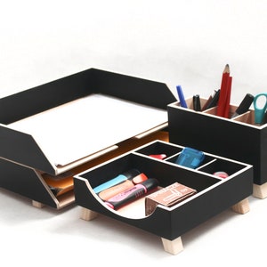 Desk Organizer Black Wood Office by Artma Studio, Plywood Office Desk set, Paper tray desk, Home Office Mail sorter Pen Holder, Remote work image 6