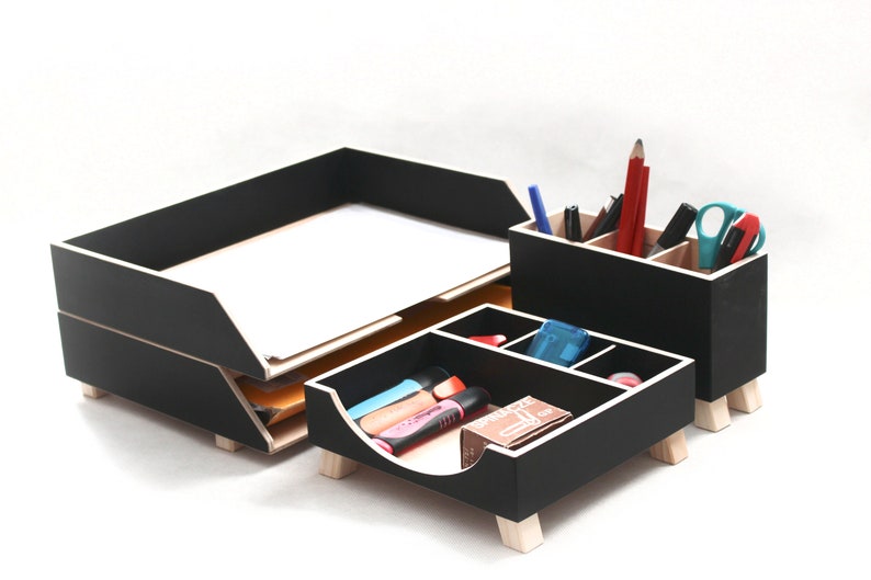 Desk Organizer Black Wood Office by Artma Studio, Plywood Office Desk set, Paper tray desk, Home Office Mail sorter Pen Holder, Remote work image 6