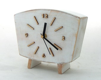 Table Clock, Desk White Wood clock, Vintage Style 60s, Unique Wooden gift, Mantle clock, Xmas white decor, Wedding gift, Artma Studio