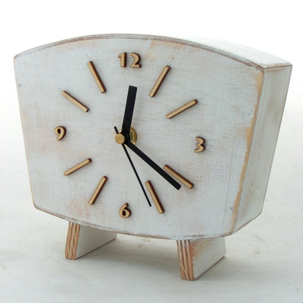 Table Clock, Desk White Wood clock, Vintage Style 60s, Unique Wooden gift, Mantle clock, Xmas white decor, Wedding gift, Artma Studio