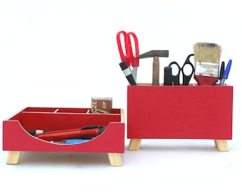 Red Desk Wood Organizer, Desktop Organizer set, Office Accessories for Desk, Ruby Red Kids Desk set, Tabletop Office set Red decor, for Mom