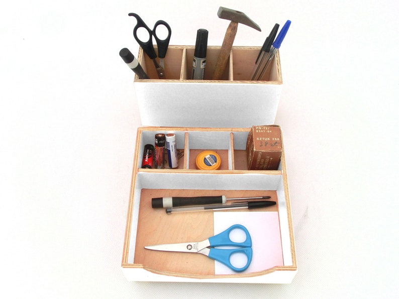 White Wood Desk Organizer Set Pen Holder, Paper Sorter, Toolbox Office & Student Desktop Handmade Gift image 8