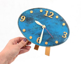 NO TICKING Desk Wood Clock, Gold Blue Table Clock, QUIET / Silent Ellipse Distressed Mantle clock, Gold Sky Blue decor, Mothers day gift