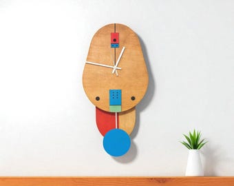 Modern Art Pendulum Wall Clock: Black, Red, Turquoise - 20 Inch