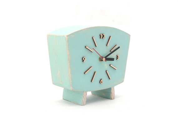 Pastel Mint Table Clock Wood Desk, Shabby Chic Alarm Clock Uk