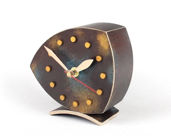 Silent Desk Clock Handmade, No Ticking Asymmetrical Fuma Wood Table Clock, Gold Turquoise Brown Patina, Lightweight Fuma Wood