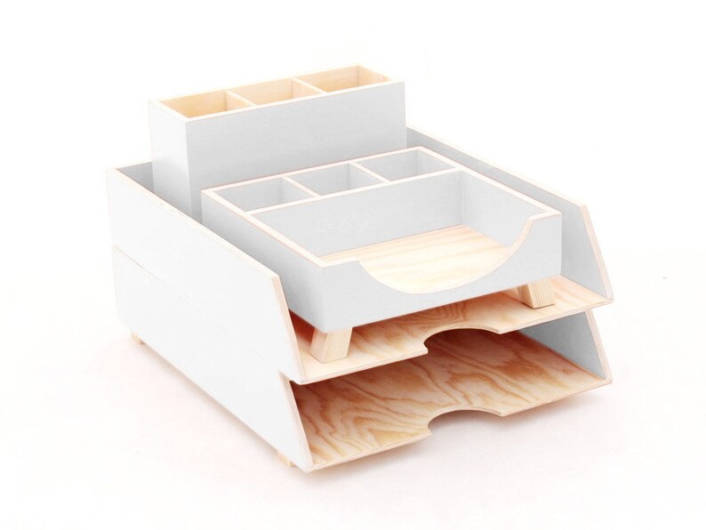 Wood Desk Organizer Set For Office White Pen Holder And Paper Sorter Tray 4 Pcs Toolbox Student Desktop Tidy Up Documents
