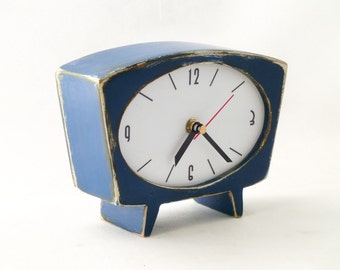 NO TICKING Desk Clock Blue, Navy blue table clock, SILENT Wood handmade Clock, Vintage 60s style Unique Clock blue, Office decor, for Mom