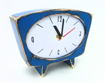 Desk Clock Intense Blue, Wood Table clock, Vintage alarm clock style, Sky blue home decor, No ticking