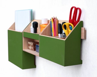 Wall Wood Organizer Forest Green, Mail holder, Office Desk organizer, Modern shape pen holder, Office Mail Storage set, Green wall decor