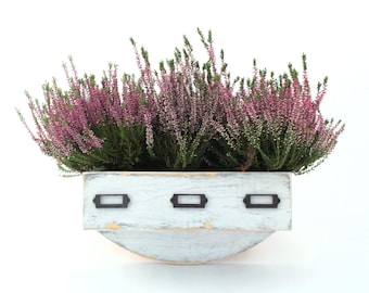 White Wall herb planter, Wooden Flowerpot casing, Distressed white flowerbed, Heather pot, Fall Wall hanging Garden, Autumn home decor