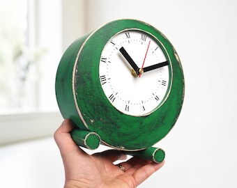 Rustic Green Wooden Desk Clock, Handmade Silent Cottage Decor