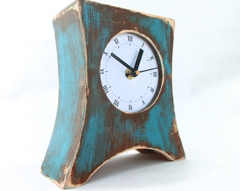 Wood NO TICKING Desk Clock Turquoise Brown, Rustic style, Wooden table clock, Arrow Handmade clock, Unique gift for Mom