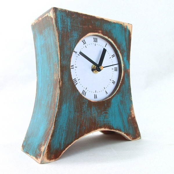 Wood NO TICKING Desk Clock Turquoise Brown, Rustic style, Wooden table clock, Arrow Handmade clock, Unique gift for Mom