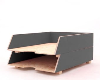 Wood Desk Paper Tray Organizer A4 | 2 Tier Gray Letter Sorter | Handmade Wooden Office Accessories | Gift for Him or Teacher