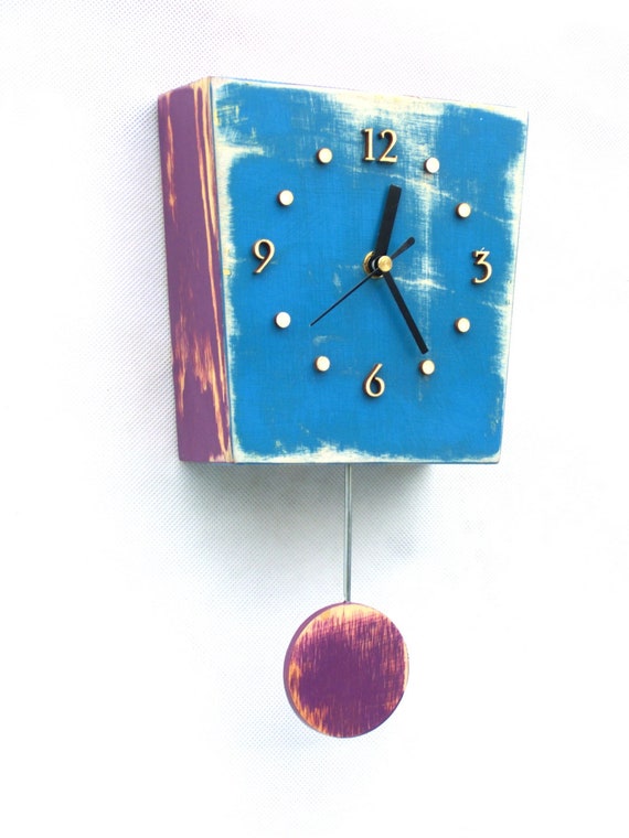 Blue Distressed Pendulum Clock Wood Wall With