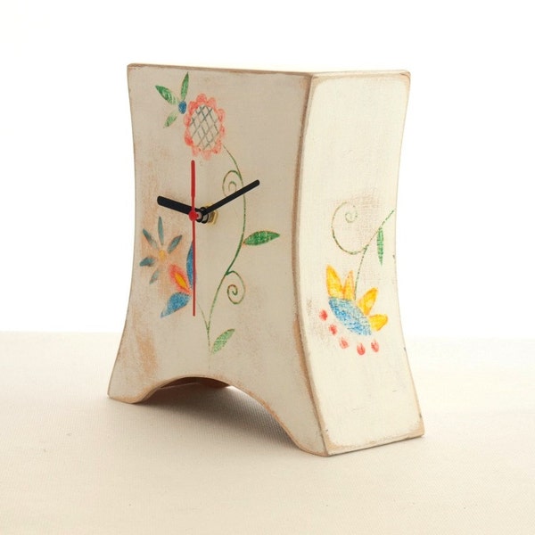 NO TICKING Desk White Wood Clock, Mantle clock Folk art, Table Wood clock, Wood art Floral decor, Hand paint flower ornament, Xmas gift