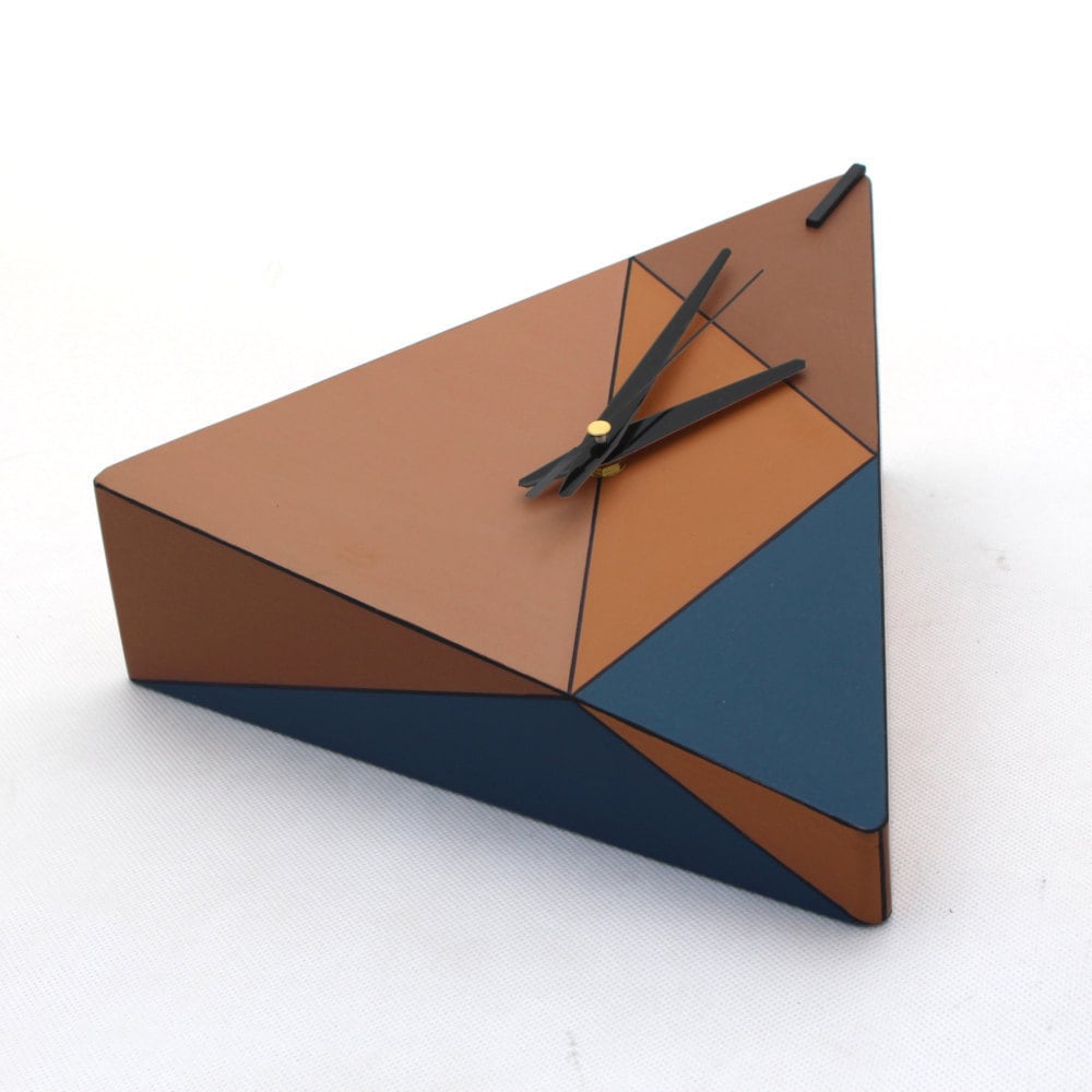 Geometric Wood Wall clock, Triangle Brown Blue Orange clock, Unique wall decor, Wall hanging