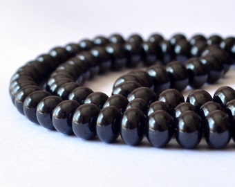 Smooth Black Spinel Rondelles, Plain Gemstone Beads, Large, Genuine Gem Stone, 6mm - 6.5mm, Set of 10