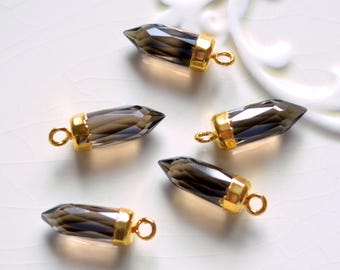 Smoky Quartz Spike Pendant, Small, Gold Topped, Real Gemstones, Dark Chocolate Brown, Faceted Stone, 16mm long - Sold Individually