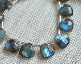 Large Labradorite Hearts, Top Drilled Briolette, Beautiful Gemstone Bead, Blue Flash, Faceted Stone, 10mm Size, 4 inch strand