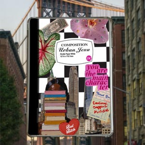 Puede incluir: Una funda Kindle Paper White con un diseño de collage. El diseño incluye un patrón de tablero de ajedrez, una orquídea rosa, un billete de dólar y el texto "Urban Jeva". Texto adicional incluye "you are the main character" y "Bad Bitch."