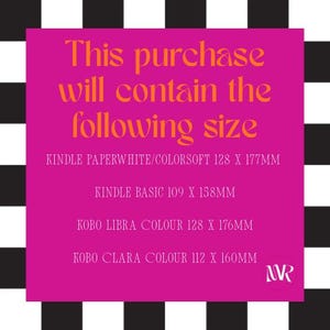 May include: A pink square with orange text stating the purchase size, listing Kindle and Kobo e-reader dimensions. The background is a black and white checkered pattern. Measurements are in millimeters.
