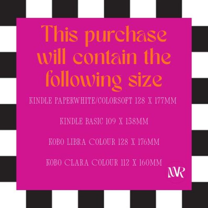 May include: A pink square with orange text stating the purchase size, listing Kindle and Kobo e-reader dimensions. The background is a black and white checkered pattern. Measurements are in millimeters.
