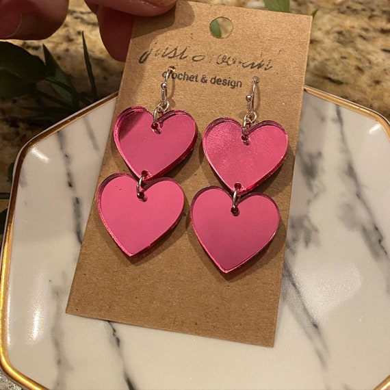 Dark Pink Mirrored Acrylic Heart Earrings Valentines Day