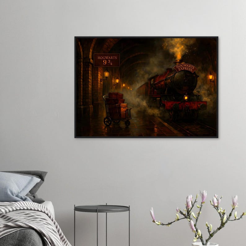 Framed – Hogwarts Express at Platform 9 and 3/4 | Wooden Frame | Ready-to-Hang Wizarding Decor image 2