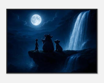 Framed - Night-Waterfall Trio | Timon, Pumbaa & Simba Moonlit Falls 8-K Cinematic Poster Print